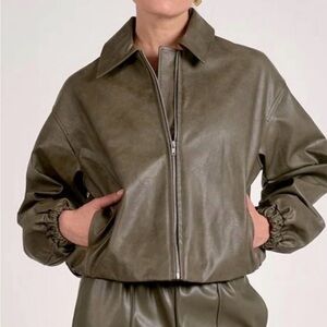 ELAN OAKLEY BOMBER Olive Green Faux Leather Jacket